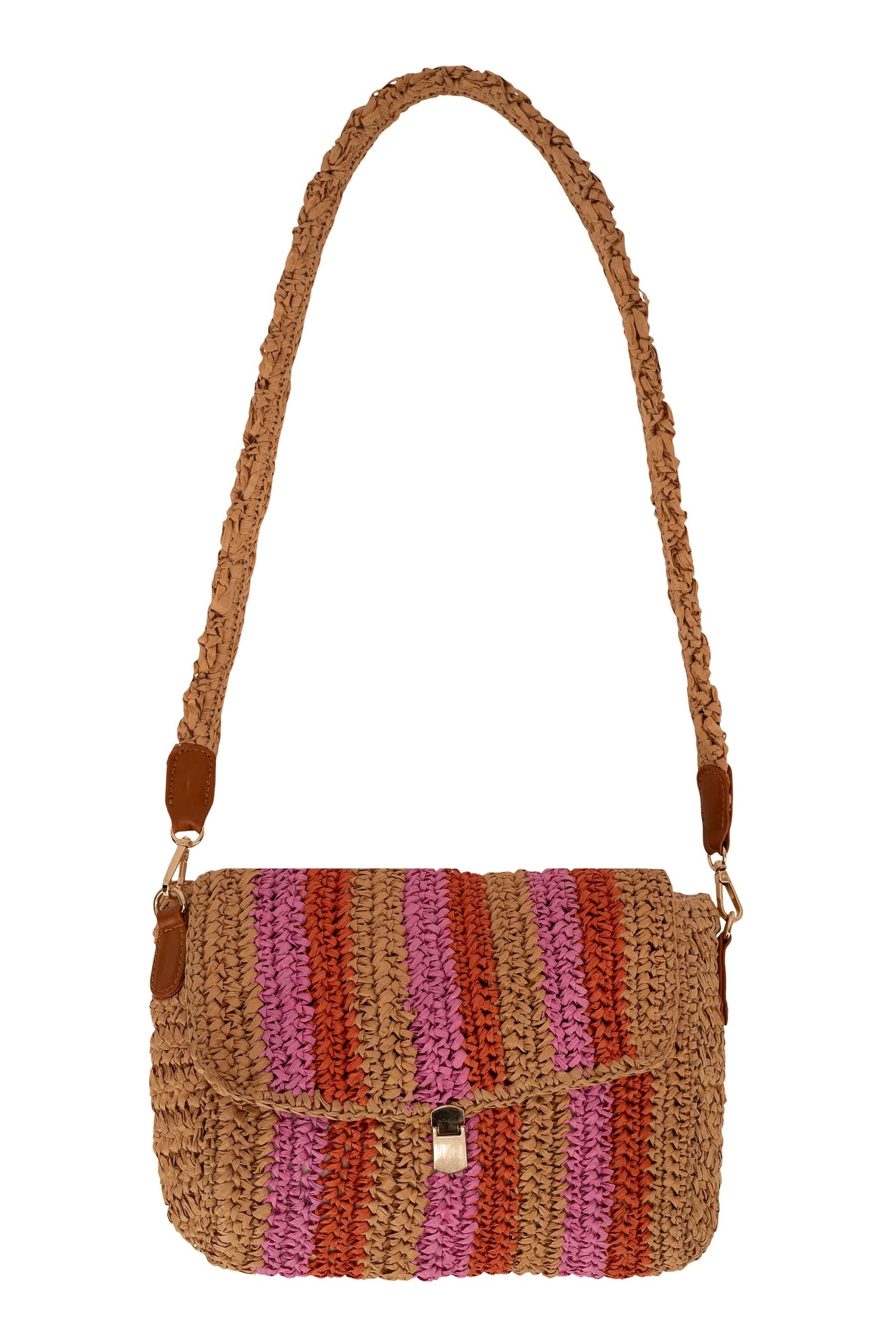 Zusss - raffia schoudertas met streep - sahara / fel roze / oranje