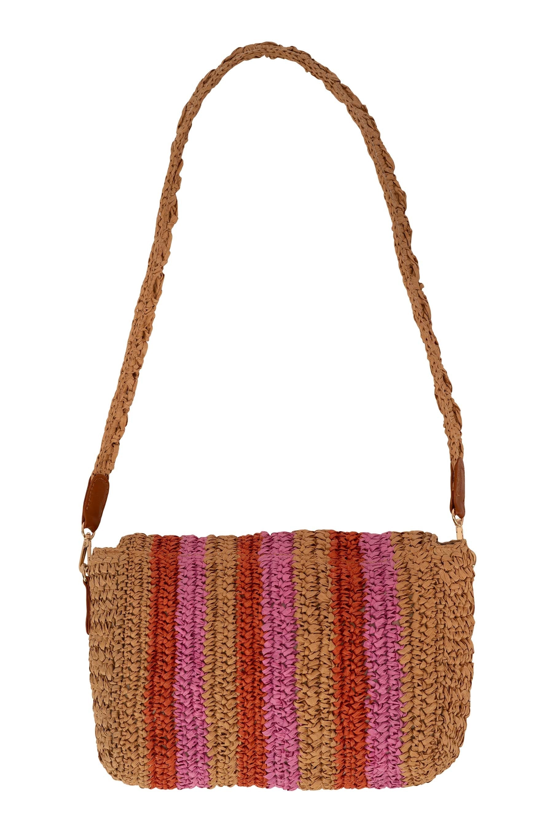 Zusss - raffia schoudertas met streep - sahara / fel roze / oranje