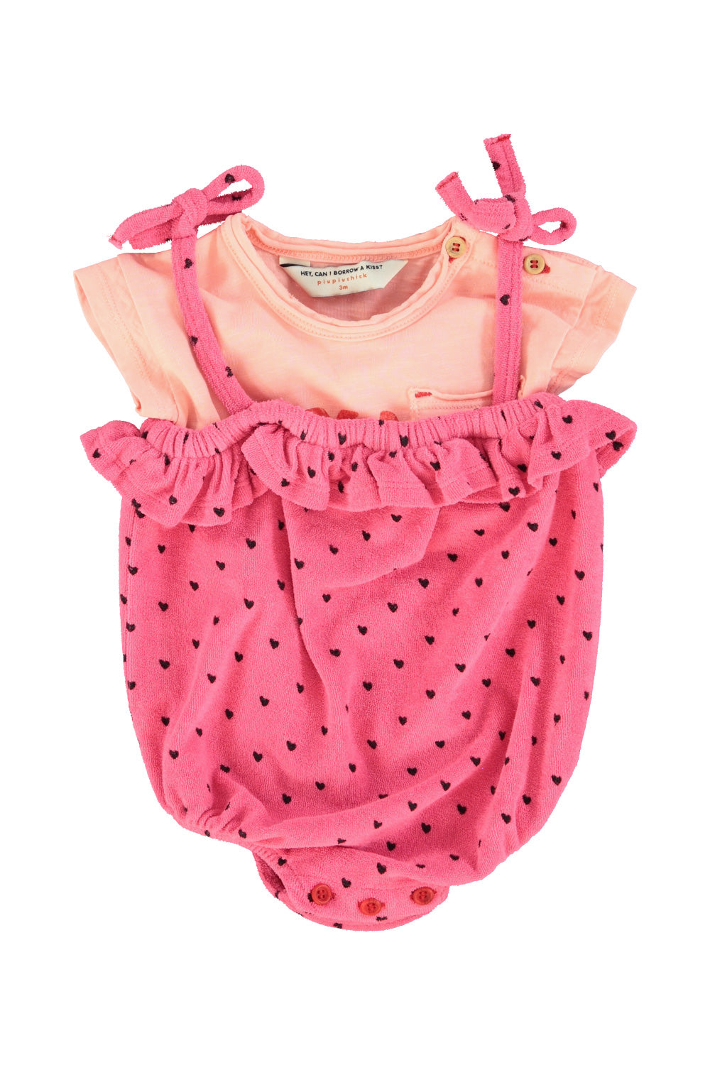 Piupiuchick - baby romper with ruffles - pink with black hearts