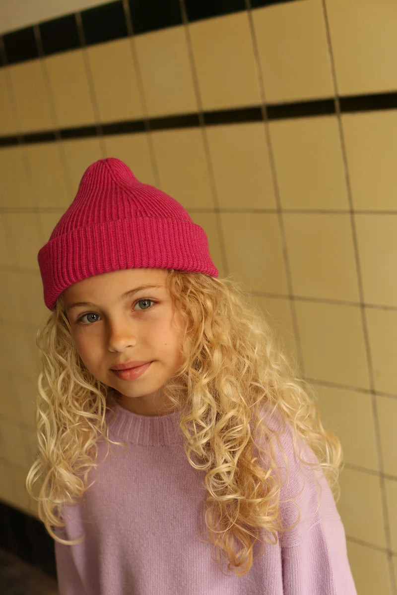 Hvid - beanie fonzie kids - fuchsia