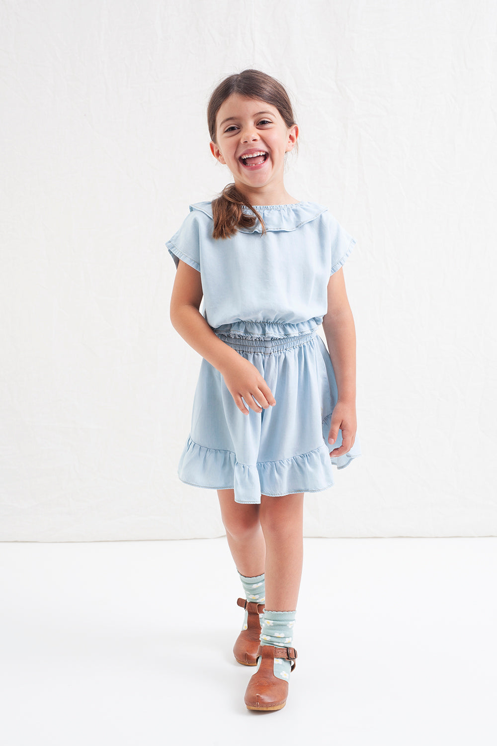 Tocoto Vintage - kid short sleeve ruffled blouse - blue