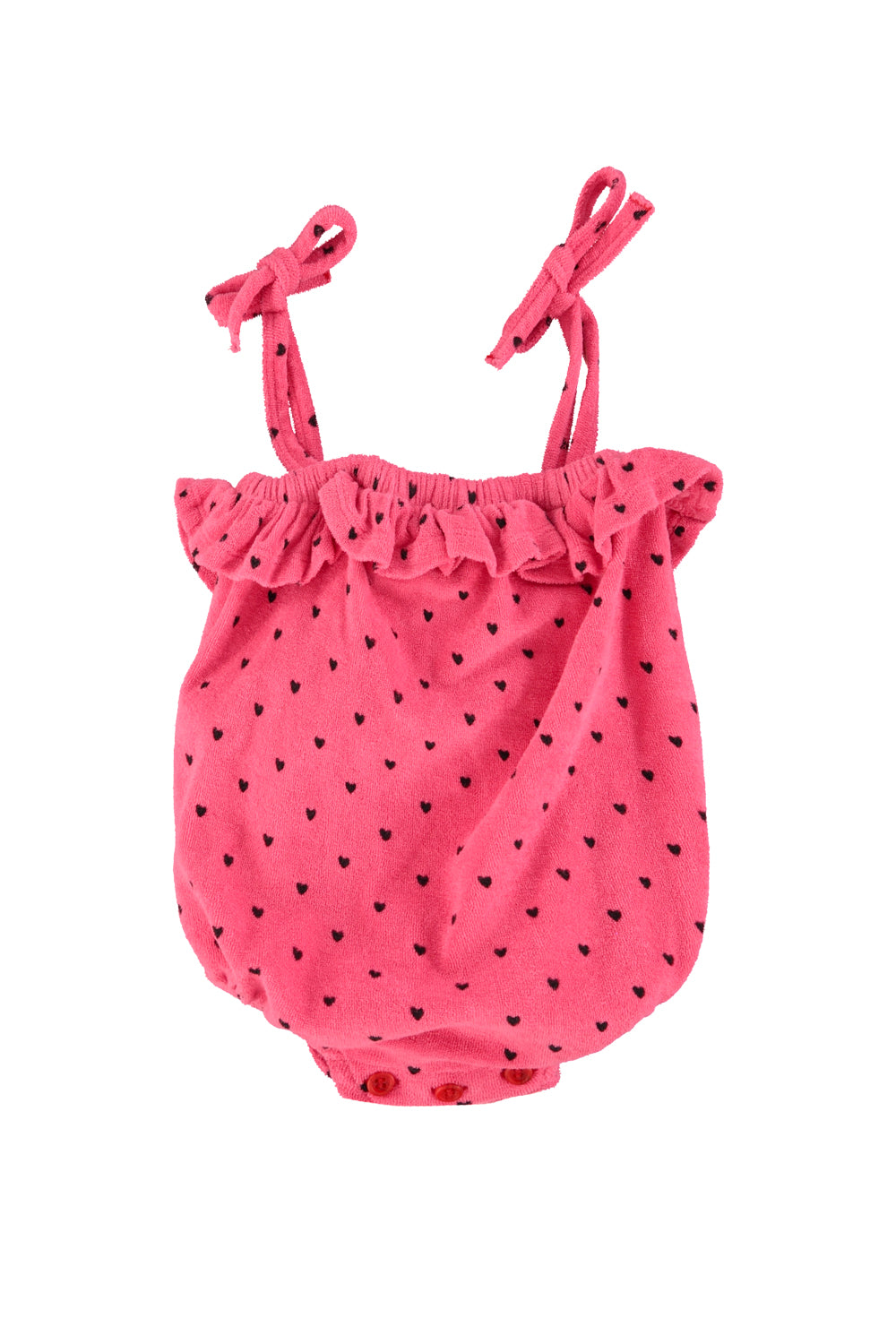 Piupiuchick - baby romper with ruffles - pink with black hearts