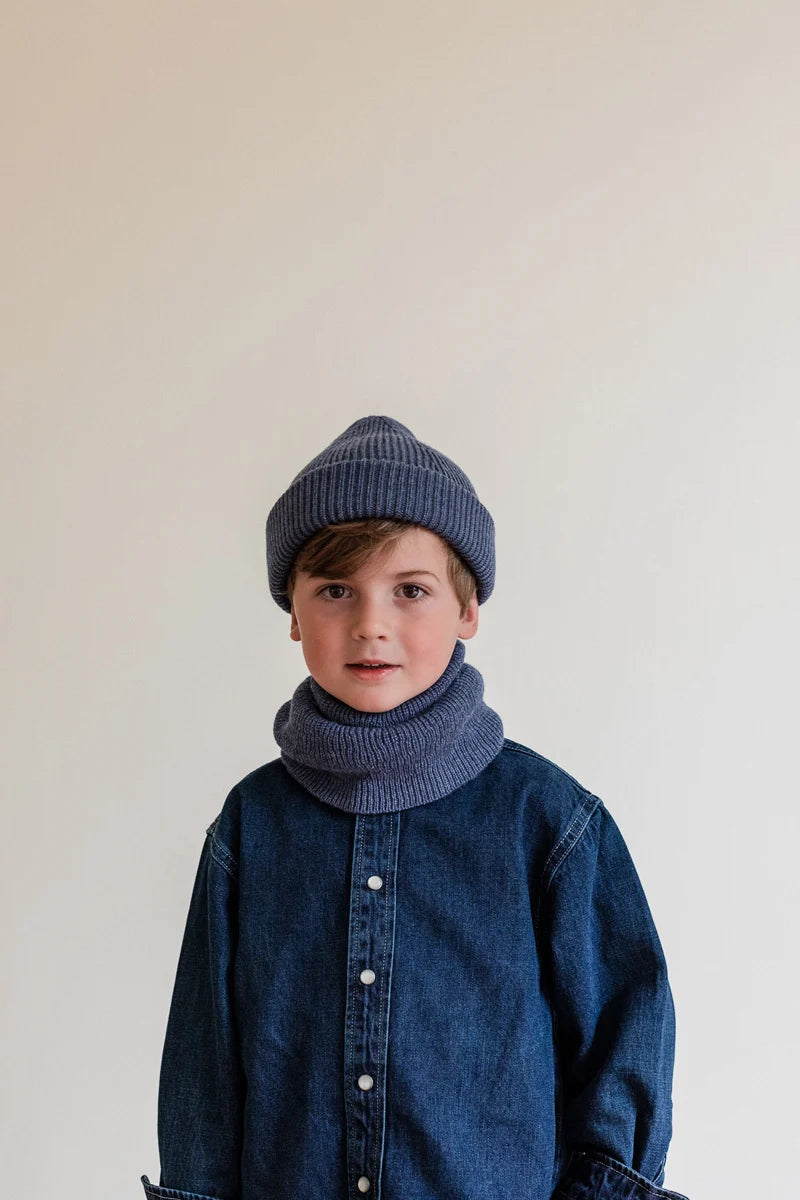 Hvid - beanie fonzie kids - denim