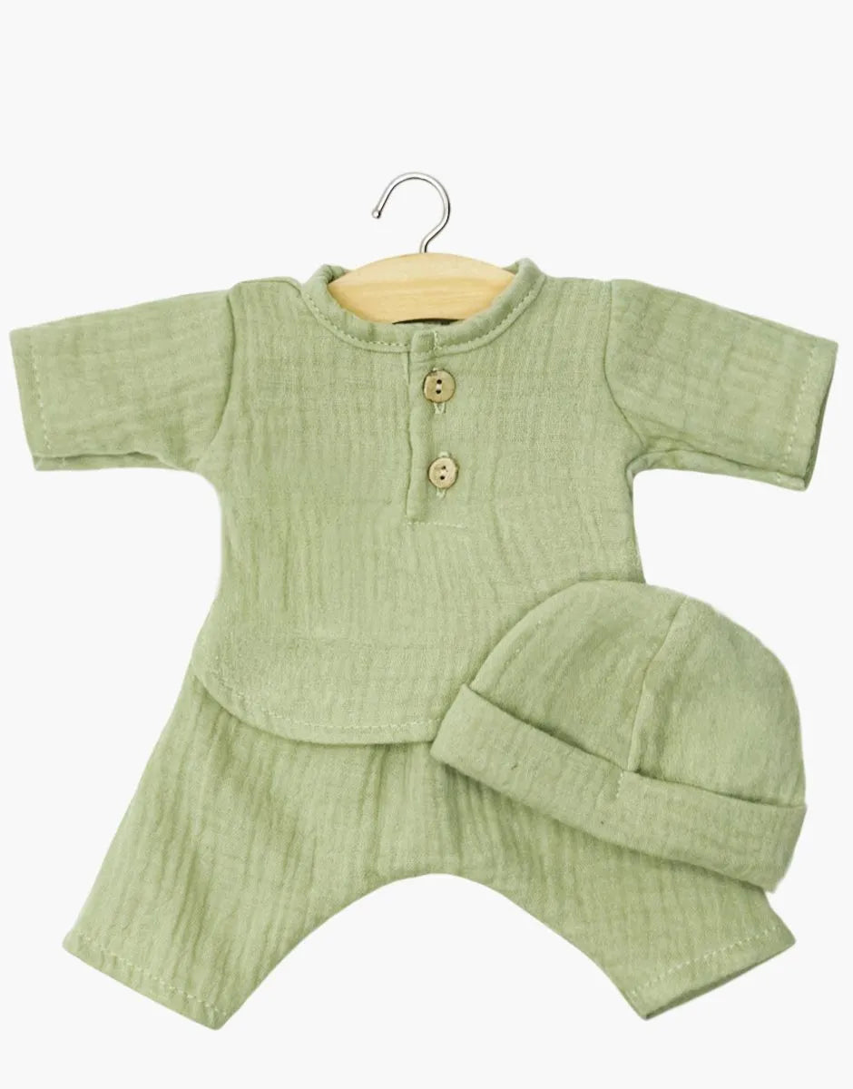 Minikane baby - poppenkleertjes - tetra setje met muts amandelgroen