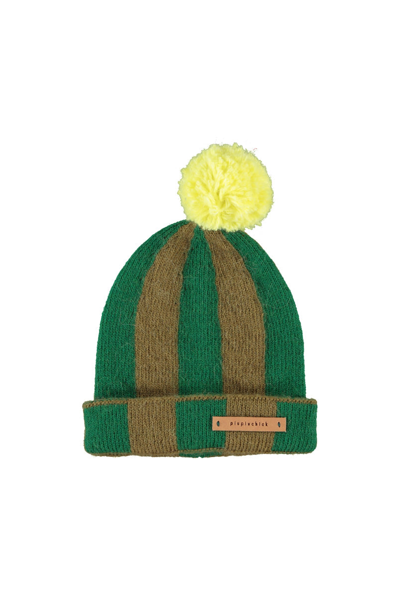 Piupiuchick - knitted hat with pompon - green & brown stripes
