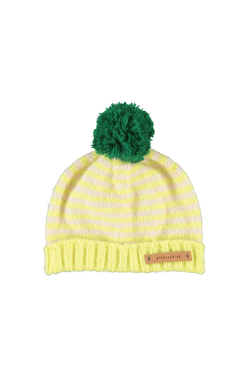 Piupiuchick - knitted hat with pompon - lime & ecru stripes