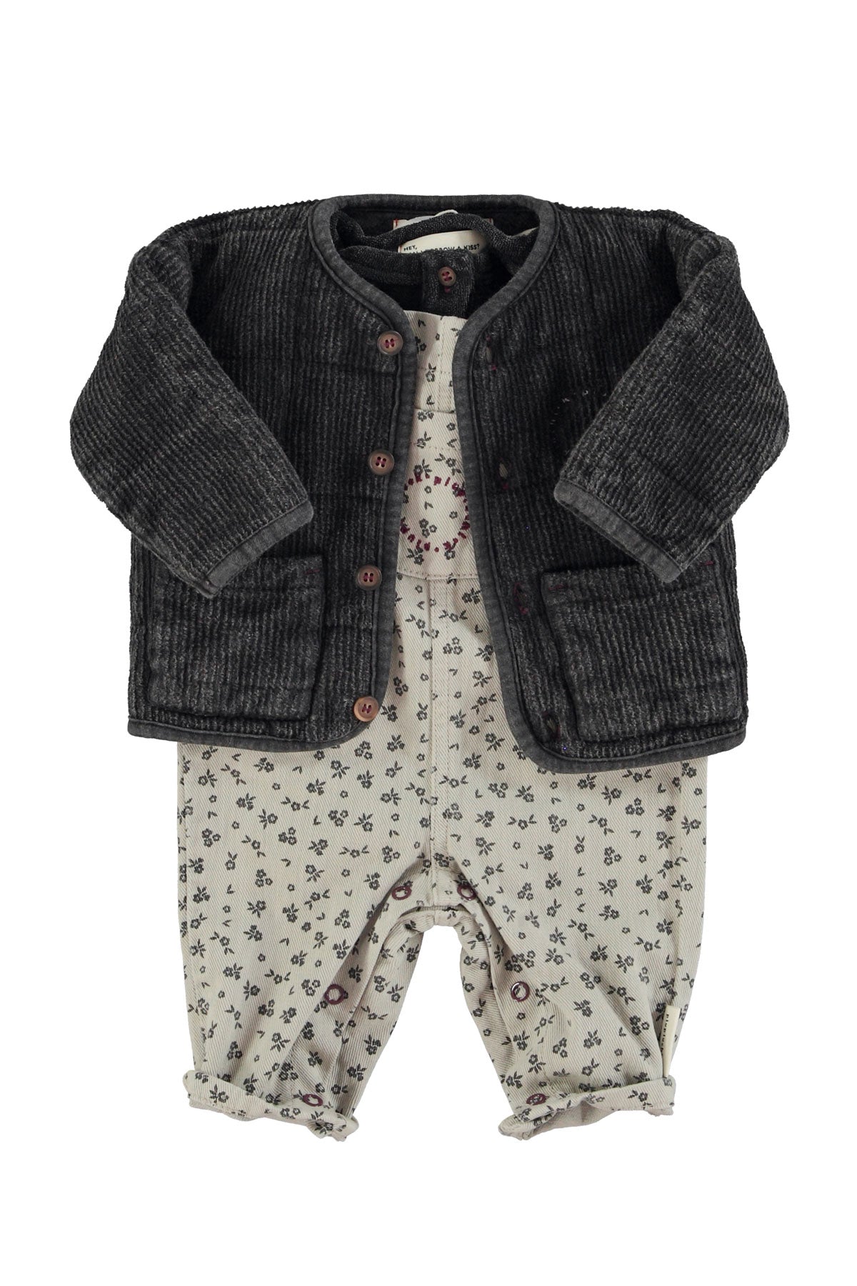 Piupiuchick - baby dungarees - light grey with black flowers