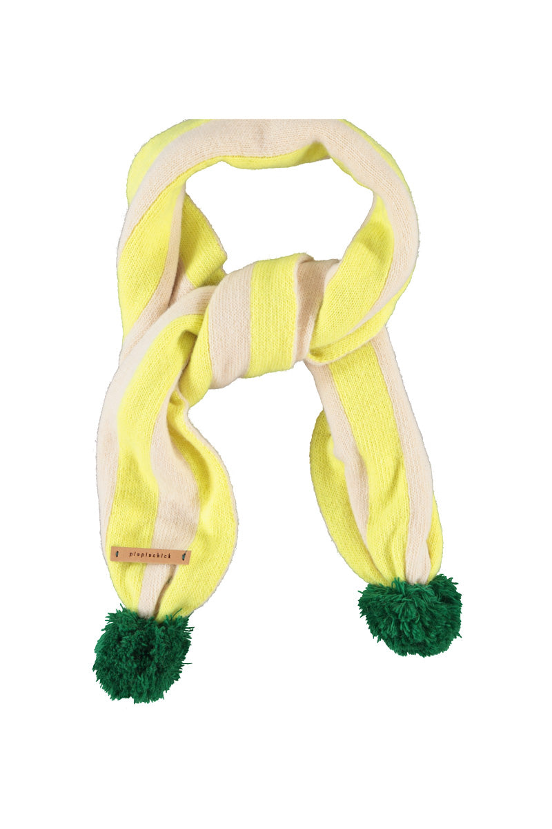 Piupiuchick - knitted pompon scarf - lime & ecru stripes