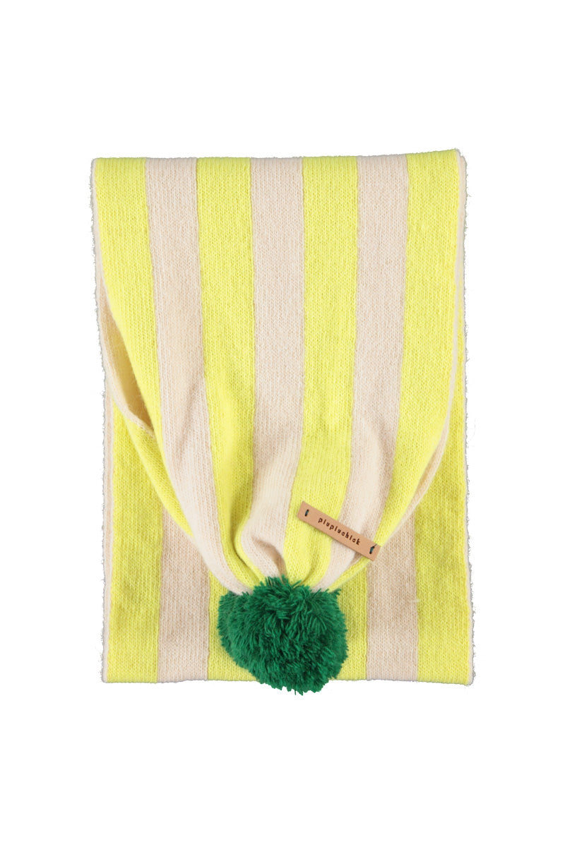 Piupiuchick - knitted pompon scarf - lime & ecru stripes