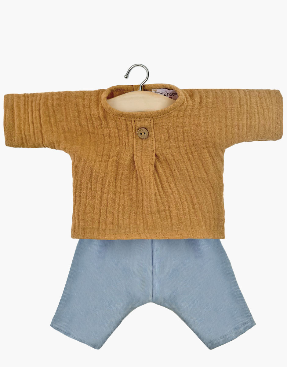 Minikane - poppenkleertjes - broekje en t-shirt blauw/camel